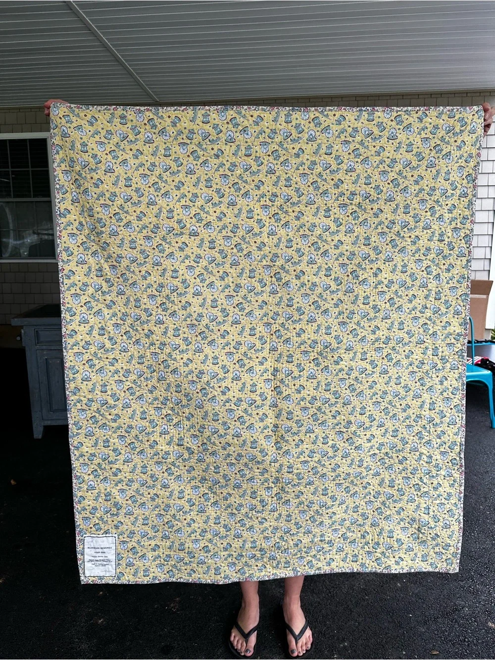 Handcrafted Navy and Cream Floral Quilted Throw